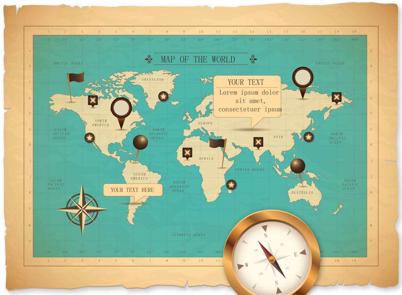 世界地图复古矢量地图（可编辑改文字改颜色增删）