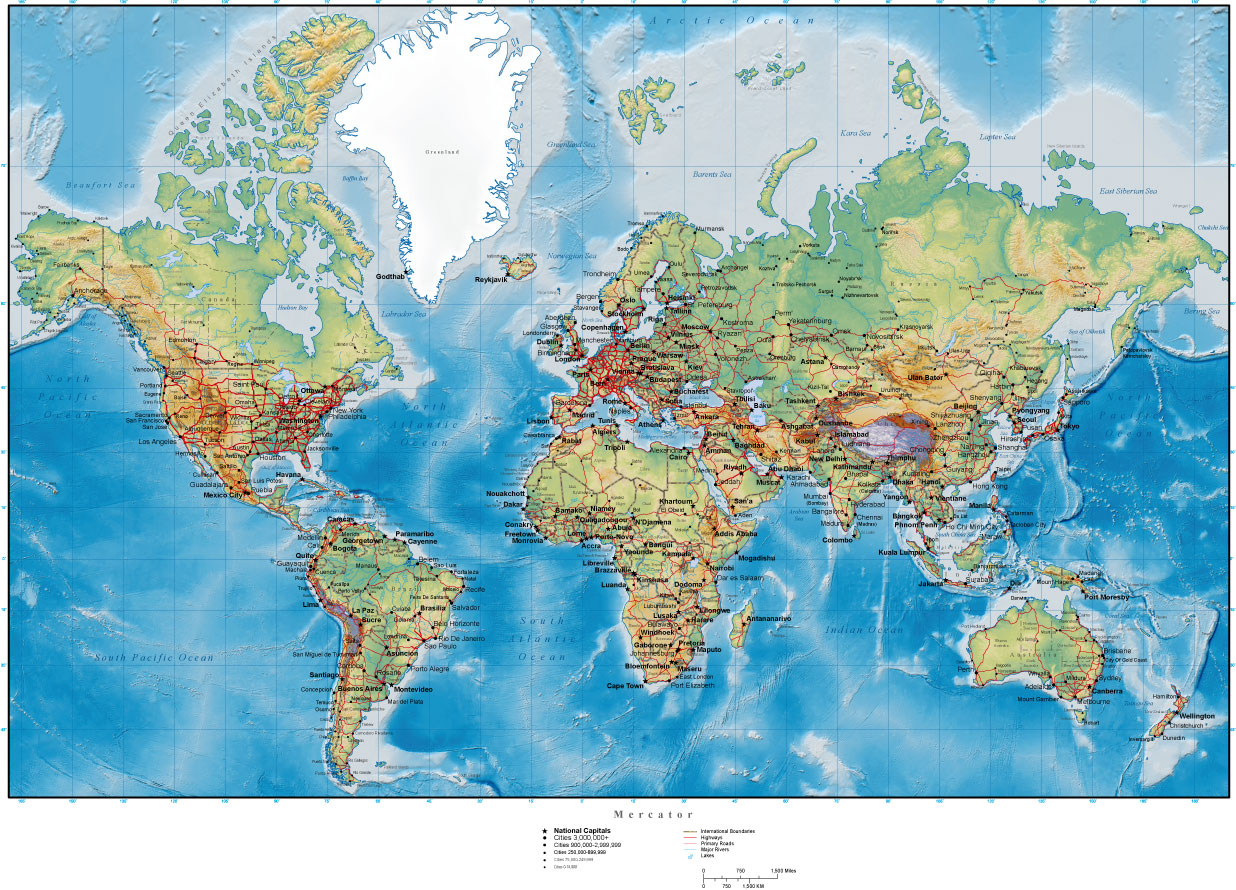 世界矢量地图写实风地势版带英文国家城市名称