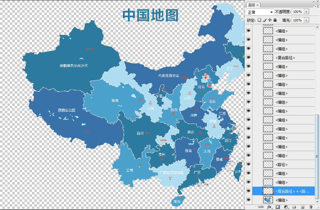中国地图PSD文件分层素材模板_免抠图可编辑文字改色