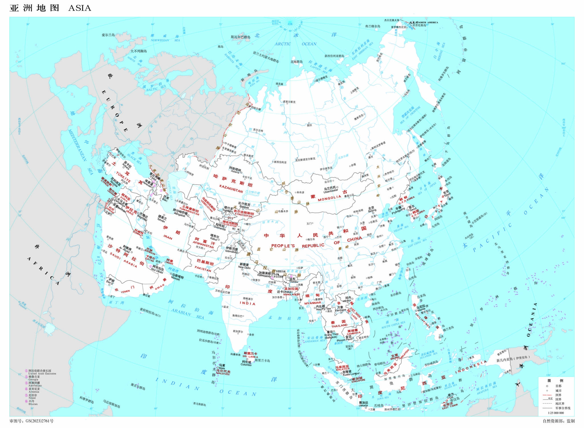亚洲地图高清中文版_亚洲地图国家分布图_白色版